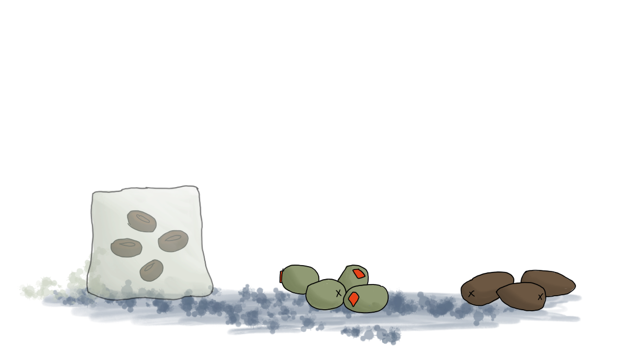 the cube has absorbed the sliced black olives, which are now floating ominously within its center. The green olives to the right have been joined by Kalamata olives.