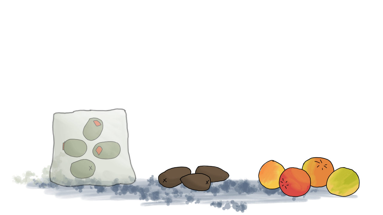 the black olives have been digested. The cube has absorbed the green olives, which are now floating in its center. The Kalamata olives have been joined on the right by several cherry tomatoes.