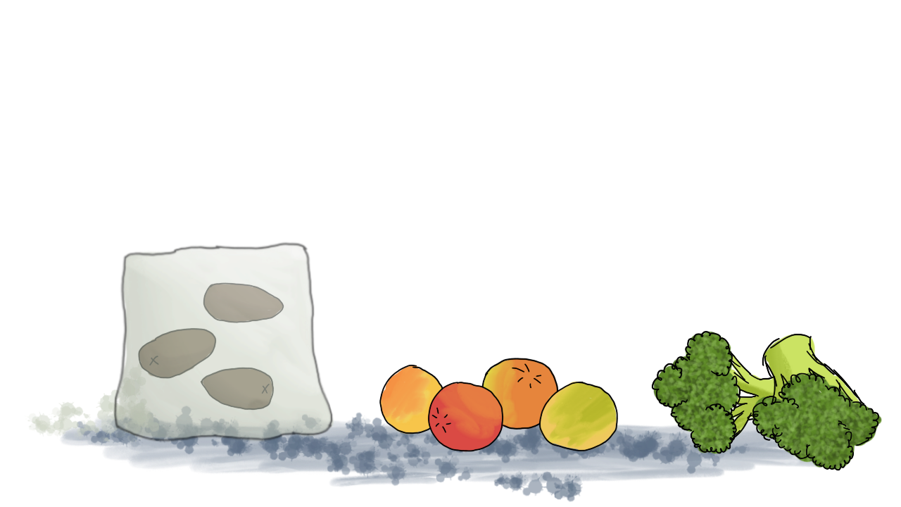 the cube, getting larger, has now also eaten the Kalamata olives, and the green olives are no more. The cherry tomatoes have been joined by two florets of broccoli.