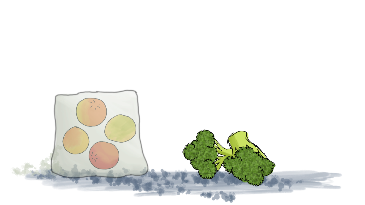 The cube has levitated the cherry tomatoes, but only the broccoli is visible to the right. The snacks and the cube both are getting larger.