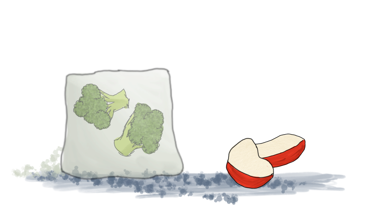 the broccoli has been consumed, and apple slices have appeared to the right.