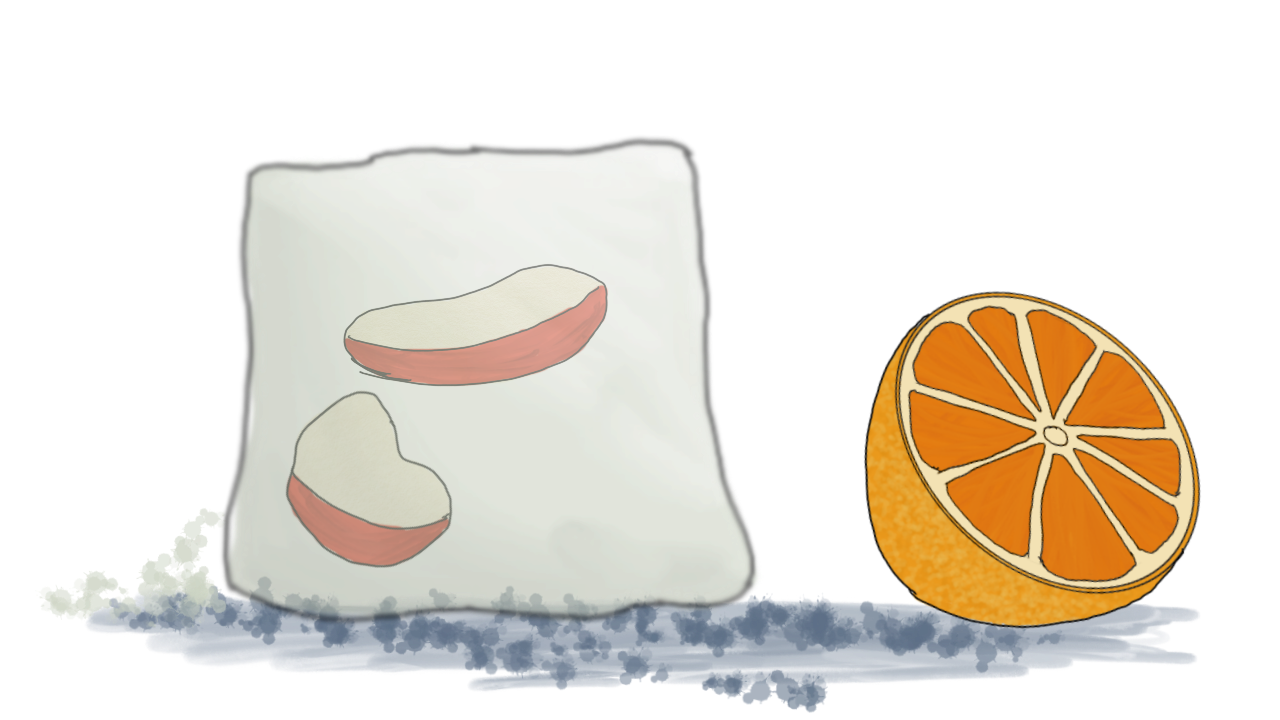 The apple slices have been consumed, and half a sliced orange has appeared to the right.