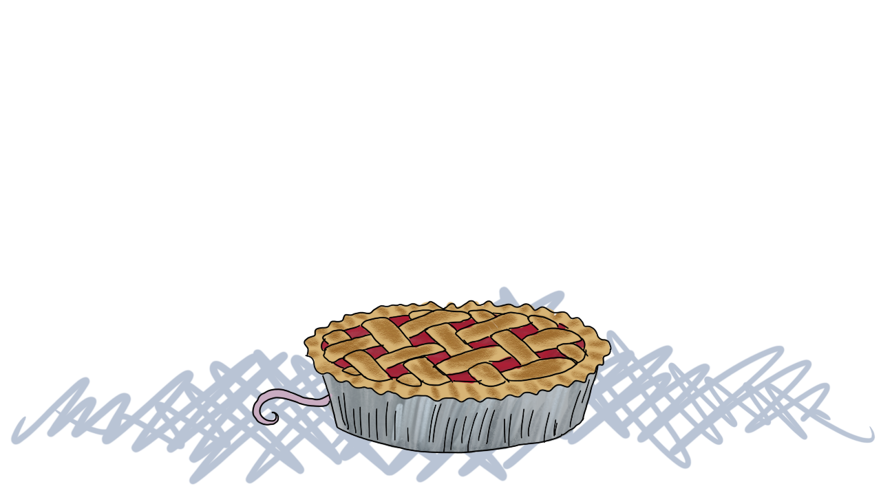 a lattice-topped cherry pie, with a small pink tail visible from behind it