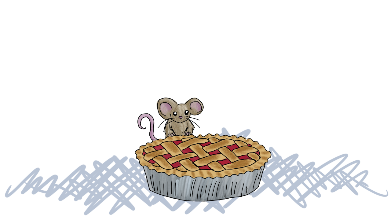 a mouse, paws on the edge of a lattice topped cherry pie