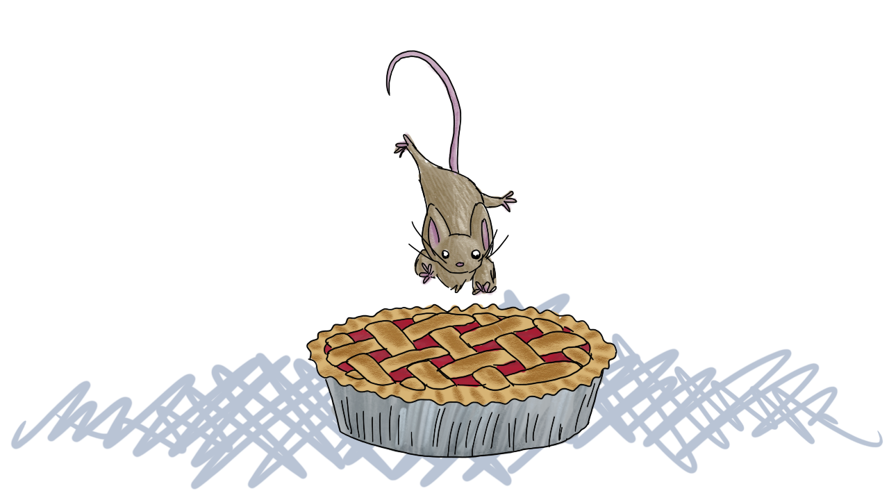 a mouse jumping into a lattice topped cherry pie