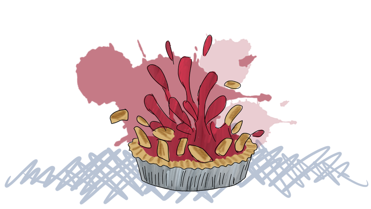 a cherry pie actively exploding, as though something has gone into the middle of it with some force