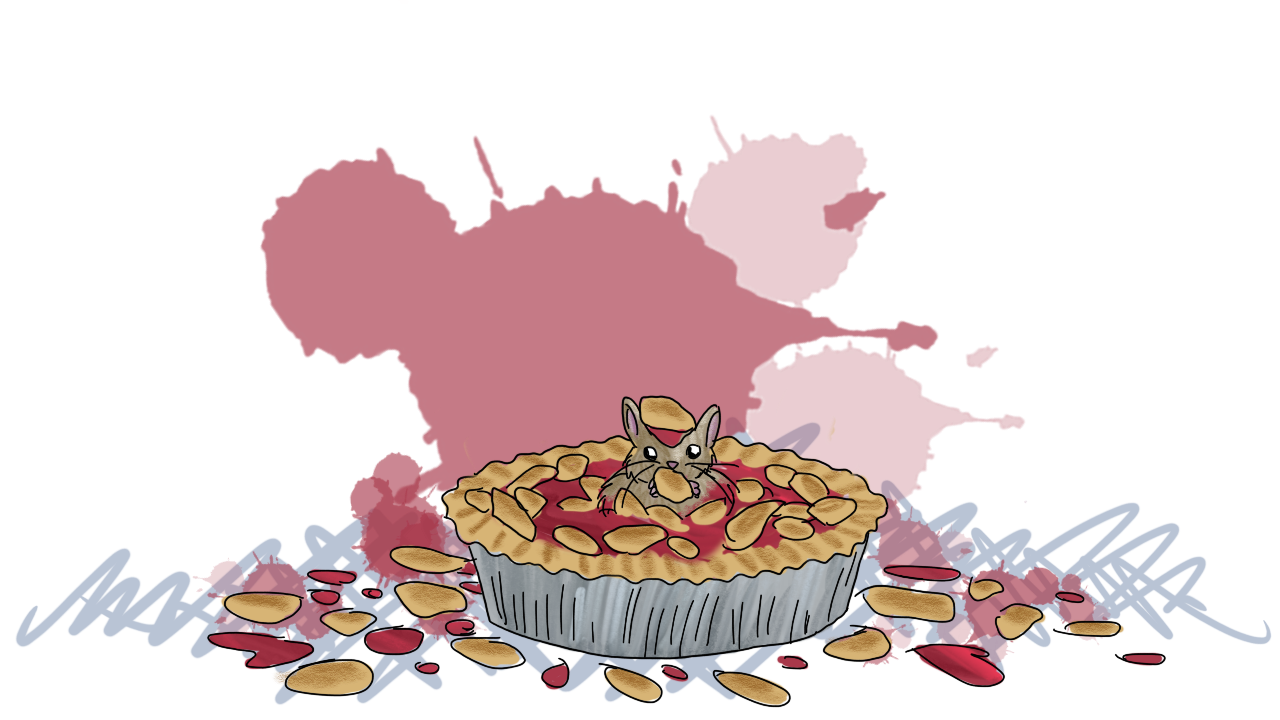 a mouse sitting in the center of a destroyed cherry pie, nibbling a bit of crust, surrounded by red splatters and bits of more crust