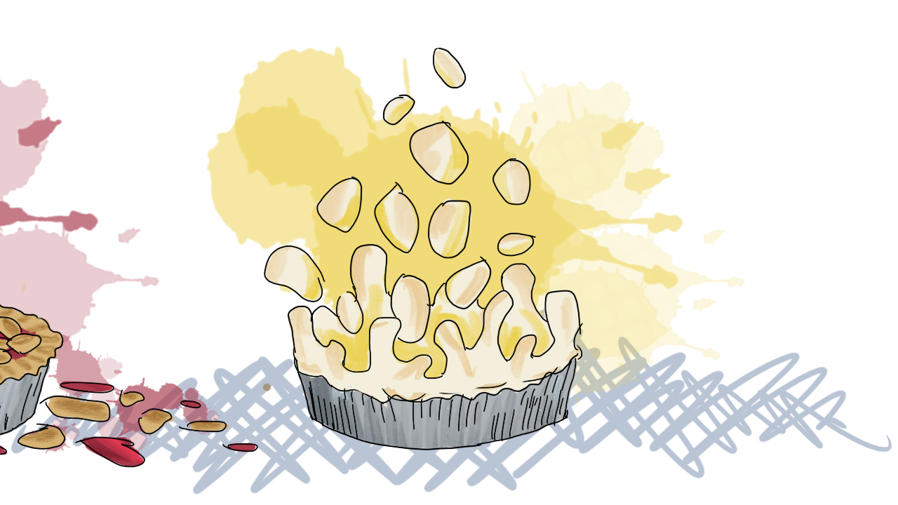 a merengue pie actively exploding, due to the mouse jumping into the middle of it. It is revealed to be a lemon merengue pie specificially from the yellow splatter