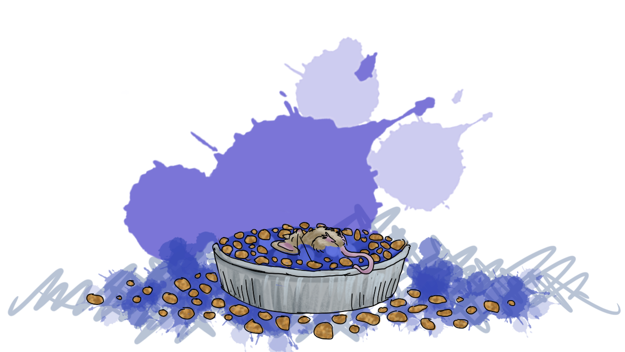 the mouse is flat on its back, flopped in the center of the destroyed blueberry crumb pie