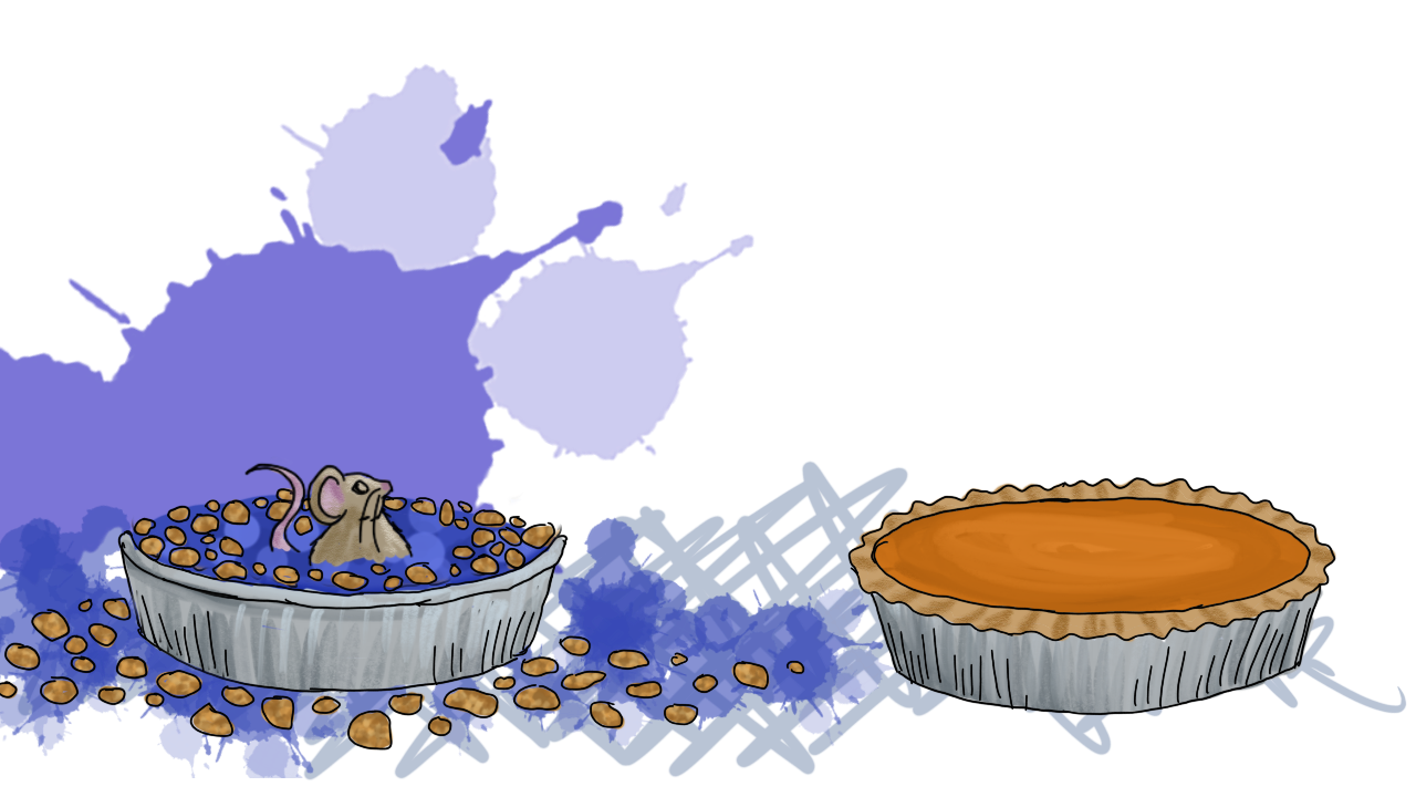 the mouse has sat up a bit, and taken notice of a pumpkin pie to the right