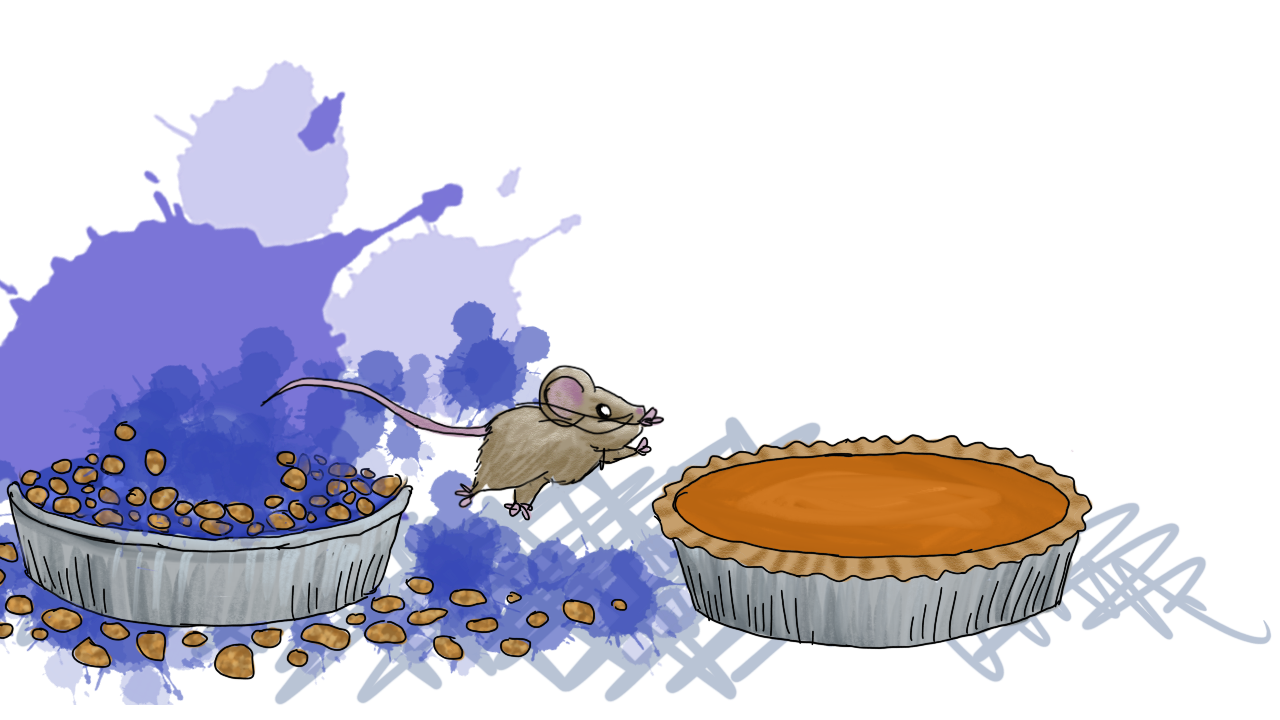 the mouse, now noticeably fat, midair in a low jump between the blueberry crumb pie and the pumpkin pie