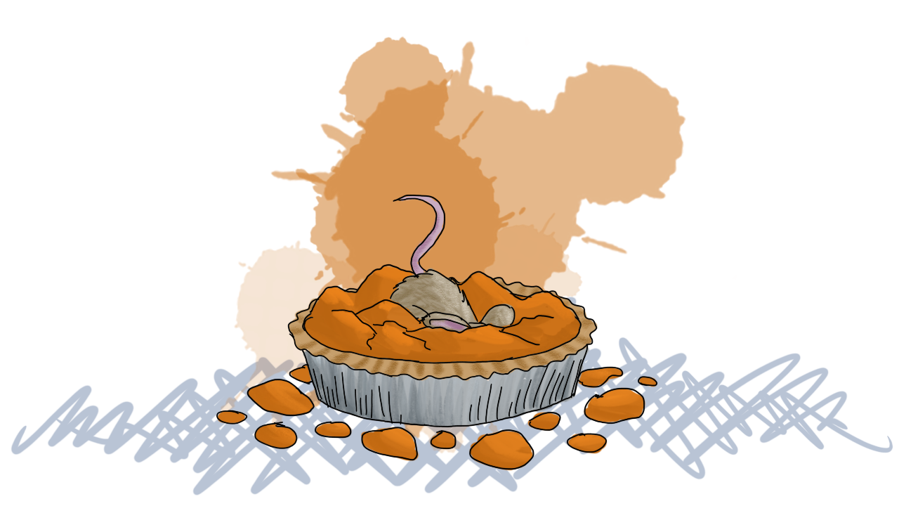the bottom half of a mouse and tail, sticking up from the center of a slightly exploded pumpkin pie