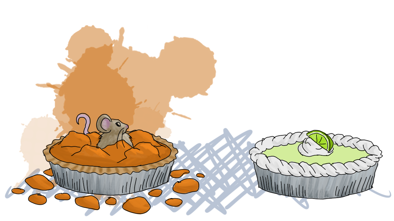the mouse, now quite rotund, taking notice of a key lime pie which has appeared to the right