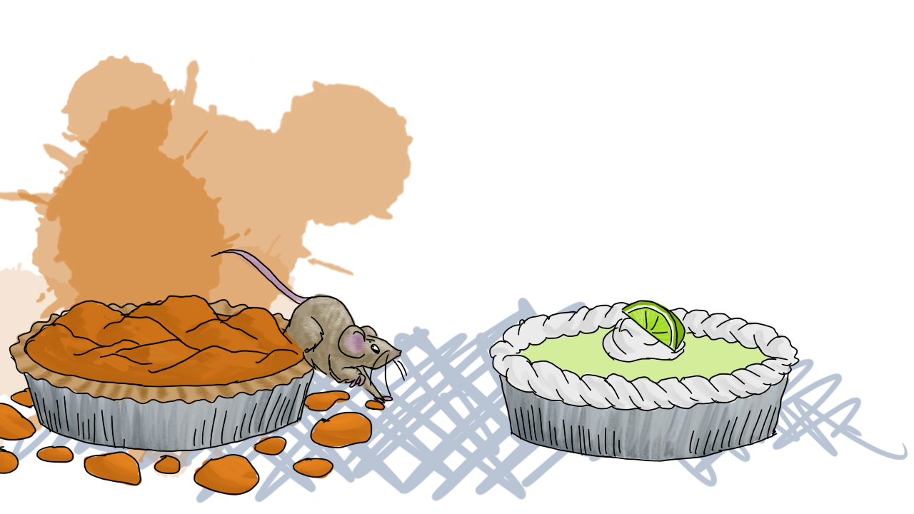 the mouse climbing, face down and face first, out of the pumpkin pie, towards the key lime pie