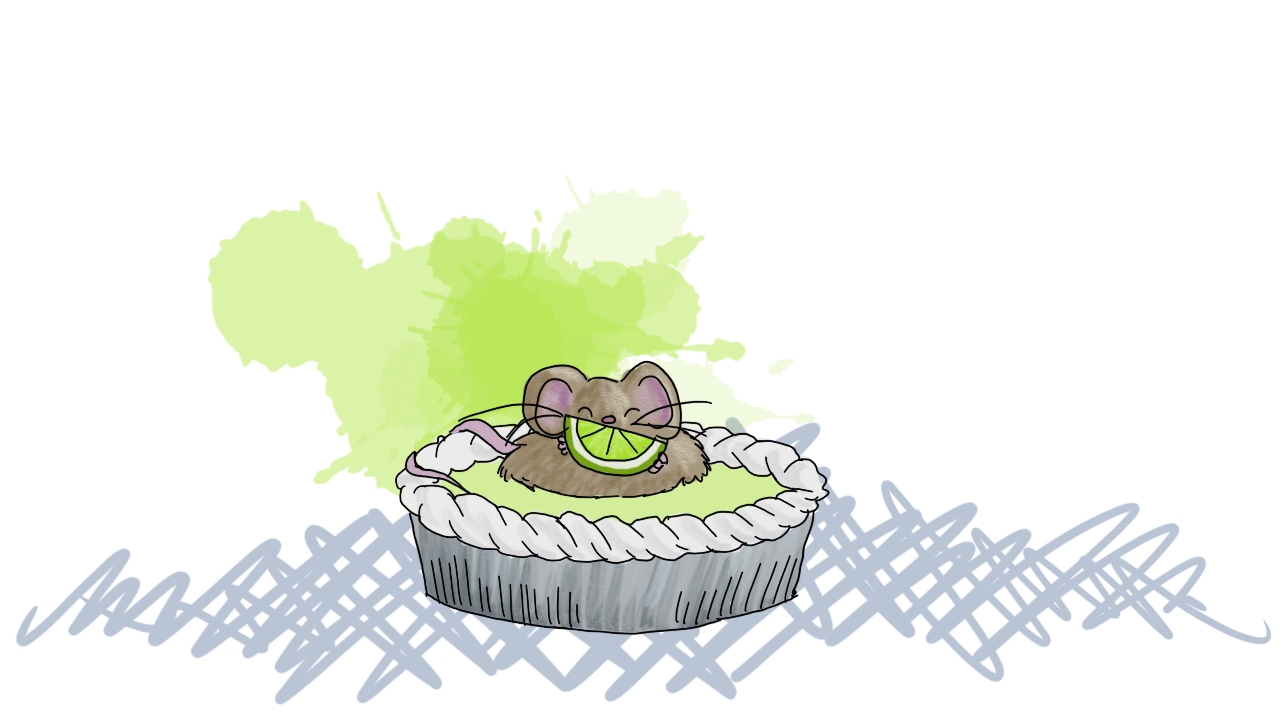 a mouse, now quite spherical, eating a slice of lime like a slice of watermelon, and sitting in the key lime pie as though it is a hot tub