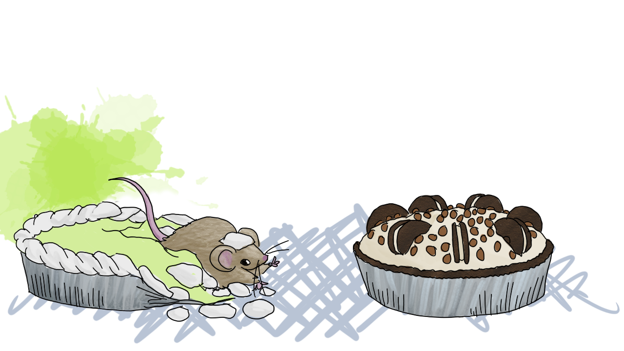 the mouse is attempting to crawl out of the key lime pie towards the cookies and cream pie. The pie tin has collapsed, and the mouse's legs do not quite all reach the ground at the same time