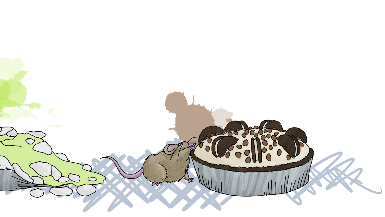 with some effort, the mouse reaches up towards the cookies and cream pie. It seems to not be able to reach more than a chocolate chip and some whipped topping