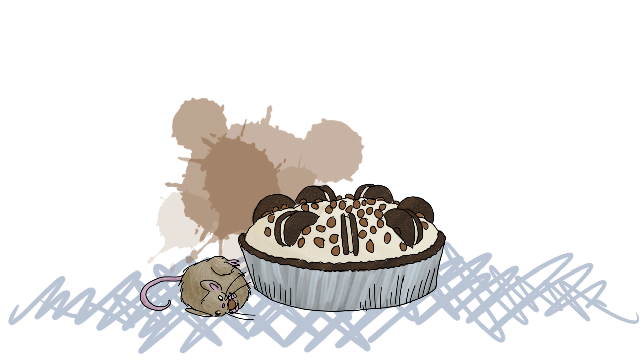 the mouse is lying on its side next to the cookies and cream pie, chewing on a chocolate chip. Its back foot does not reach the ground