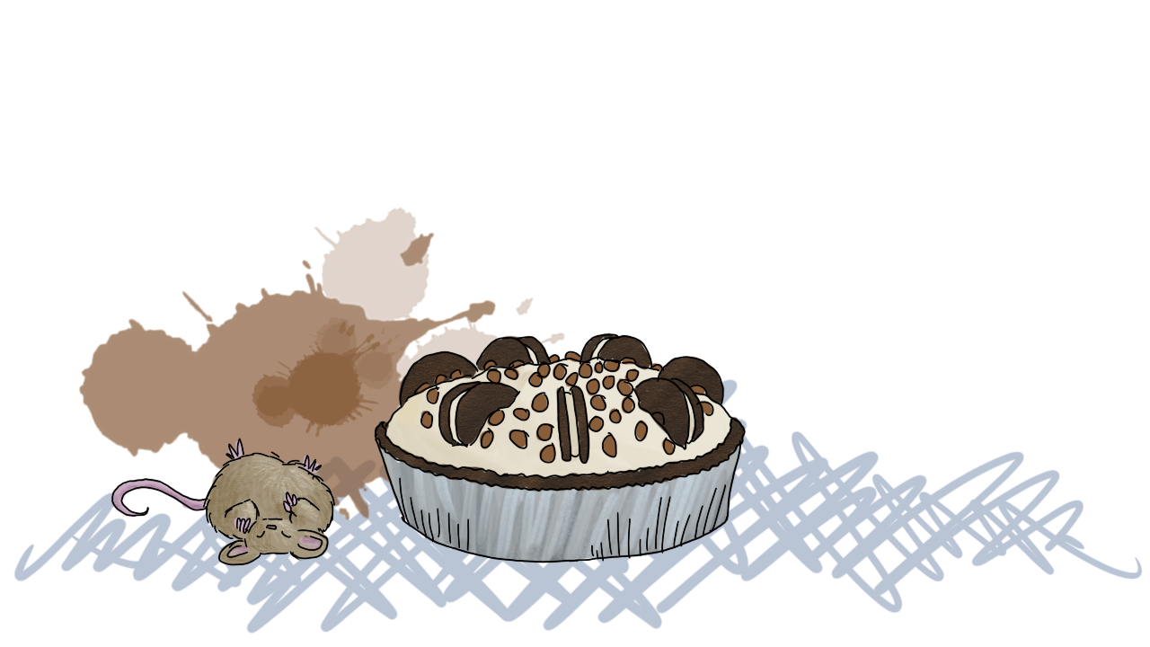fat and happy, the pie-stuffed mouse has rolled onto its back, all feet in the air, content with the adventure
