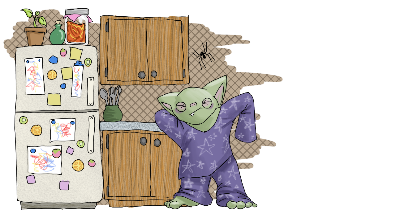 Eepi has arrived at a kitchenette, stretching.  The kitchenette has wooden cabinets and a fridge; the fridge has many colorful drawings and magnets.  The spider is on the wall next to the upper cabinet.