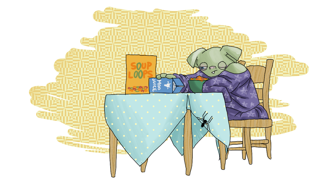 The cereal box stands upright, and Eepi is now reaching for the milk carton.  The spider is working its way across the table on the outside of the tablecloth, but still just out of sight.
