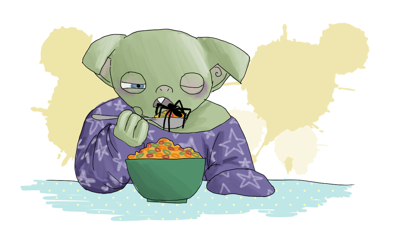 Eepi has cracked one eye and is about to take a bite of cereal.  The spider is on the spoon.