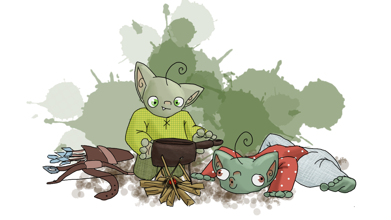Two goblins. Squash, who was on top in the previous panel, is on their knees, balancing a cast iron pot over a small pile of sticks. Shroom, the goblin who was on the bottom in the previous panel, is flat to the ground, blowing on the sticks. They are attempting to start a fire under the pot, which is only just starting to smolder. The bow and quiver of arrows are tossed on the ground nearby.