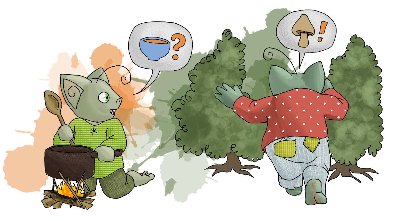 The fire has started under the cast iron pot. Squash is expressing a speech bubble containing a blue bowl with orange inside it, and a question mark, implied to be saying "Soup?" Shroom is walking between two bushes to the left, back view, with a speech bubble indicating only a brown mushroom and an exclamation point. Shroom's pants are patched on the back with the same fabric as Squash's shirt.