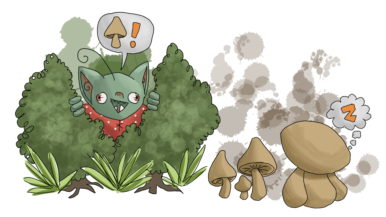 Perspective change. Shroom's head is peeking out from between two bushes on the right, and is expressing a speech bubble still containing a brown mushroom and an orange exclamation point. On the left are four brown mushrooms, much like the one in the speech bubble, but less flat and more three-dimensionally shaded. The largest mushroom is expressing a thought cloud containing only the letter "Z".
