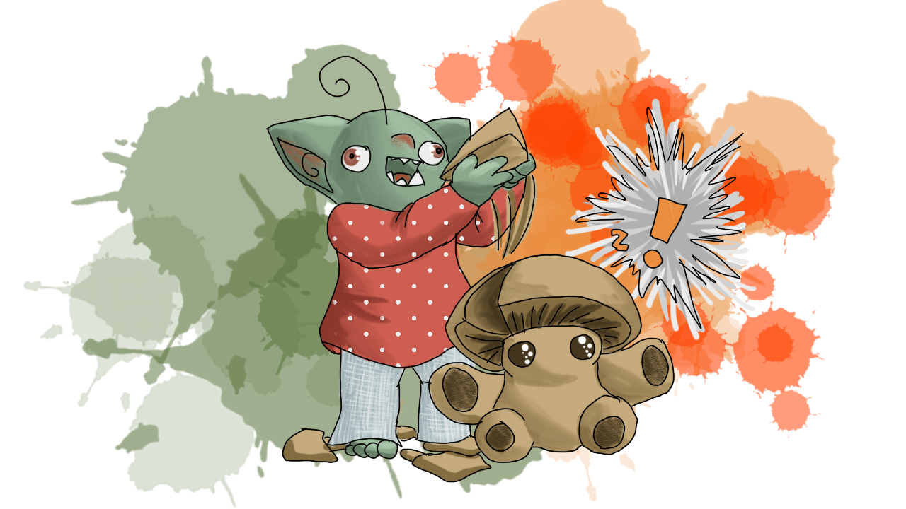 An action panel; several things have happened. The bushes are no longer in view. Shroom the goblin has approached the brown mushrooms, crushing the smallest three, and ripped a chunk out of the largest. Motion blur leads from the chunk to the mushroom, and the chunk is clearly bound for Shroom the goblin's wide open mouth. The large brown mushroom, who had been sleeping, is now awake and has jumped into the air, all limbs out in surprise, with a popped-cloud image containing a very small "Z" and a large exclamation point, emphasized with red and orange watercolor splashes of pain in the background. The mushroom has eyes, which are wide open, and gleaming with many lights.