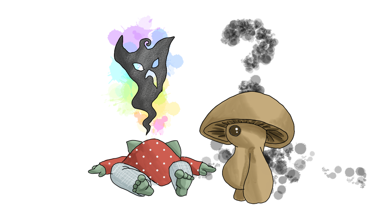 Shroom the goblin has collapsed to the ground, on their back, seen from the feet. A dark, faintly goblin-shaped ghost is rising upwards in a smaller splatter of rainbow paint splash. To the right stands the Shroom the mushroom, looking at the goblin, confused, with a question mark motif floating in the background in dark paint.