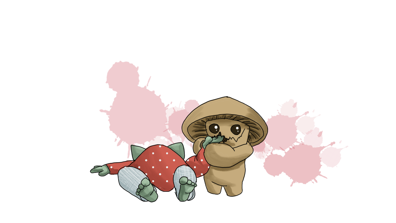 Shroom the mushroom has approached the body of Shroom the goblin. The mushroom has developed a large, jagged mouth, slightly open, and is holding the hand of the goblin near it, as if kissing... or nibbling.