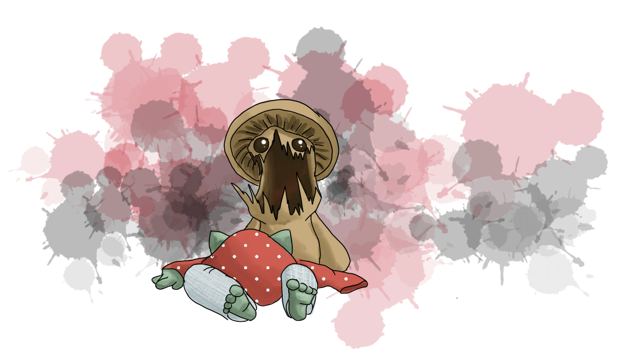 Shroom the mushroom now stands directly behind the body of Shroom the goblin. The goblin is missing the arm that was being touched in the previous panel. The mushroom has all but unhinged their "jaw," and is revealing a gaping and jagged dark maw that's easily the height of the goblin.