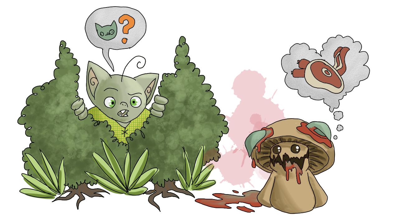 Squash the goblin from the title page has appeared between the bushes to the left, still calling for their companion with a speech bubble containing the head of a goblin. They have a confused expression on their face. Shroom the mushroom has looked up, eyes gleaming, horrifing maw still gapped open (but not so far as to swallow a goblin) and dripping blood, still wearing Shroom the goblin's ears, one of which is sliding down, sitting in a pool of more blood. Shroom the mushroom is also emitting a thought cloud in the shape of a heart, containing a steak, bacon, and sausages; as if thinking of Squash the goblin as an additional meal.