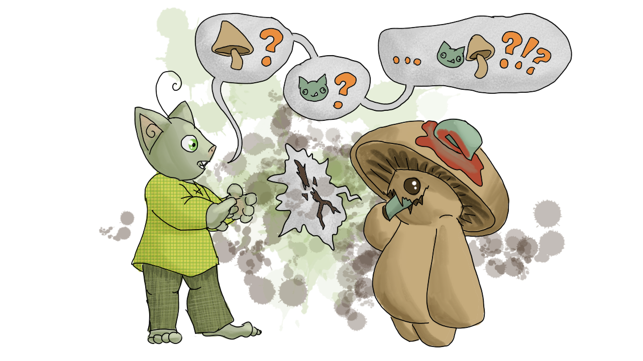 Squash the goblin and Shroom the mushroom stand facing each other. Squash, on the left, has their hands out defensively, and is emitting a three-part speech bubble with a goblin head and a question mark, a mushroom and a question mark, and both a goblin and a mushroom with several question marks and exclamation points, as if to say "Goblin? Mushroom? Goblin and mushroom?!?". Shroom the mushroom is on the right, still wearing one limp and bloody goblin ear, and eating the other one, emitting another effect bubble with a smaller broken stick, indicating a crunch.