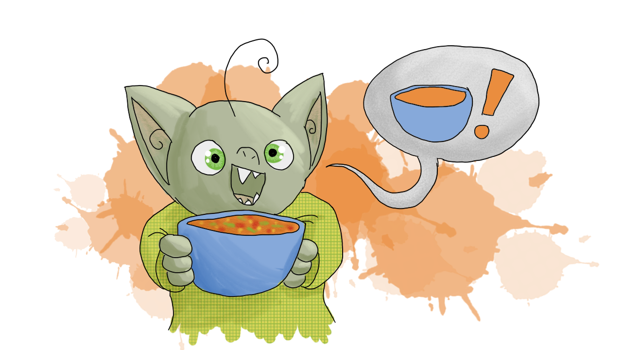 Perspective change. A relatively high-detail shot of Squash the goblin, waist-up and head-on, proffering a blue bowl of orange soup with colorful bits in it. They have a green and yellow plaid shirt, and crossed bright green eyes, look remarkably joyful, and are emmitting a speech bubble with a simplified version of the soup bowl and an exclamation point.