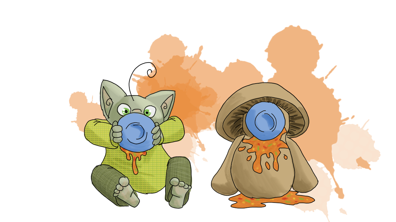 Perspective change. Sitting on the ground to the left, legs splayed out in front, is Squash the goblin, holding a blue bowl up to their face, with some of the soup from the above panel spilling down their front. To the right is Shroom the mushroom, whose bowl is stuck to their face by forces unknown, arms by their side, spilled all over with and sitting in a puddle of soup. No communication is happening.