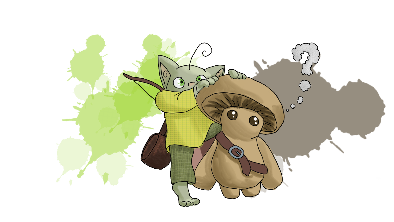 Shroom the mushroom is now wearing the same leather strap that Shroom the goblin was wearing in the first panel. Squash the goblin is climbing onto Shroom's shoulder, wearing the short bow and the cast iron pot. The mushroom is emitting an empty, question mark shaped, thought cloud.
