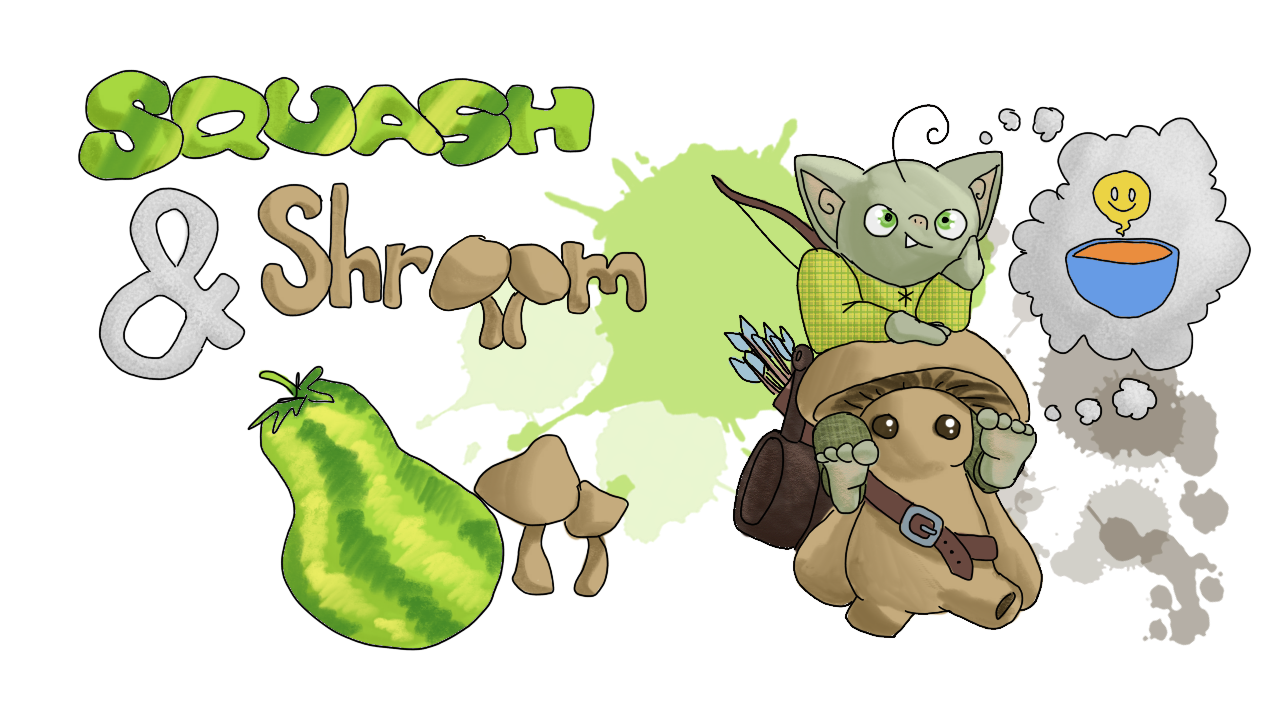 The first panel repeats itself, with some changes. Shroom the mushroom is now walking under Squash the goblin, but wearing Shroom the goblin's leather strap and quiver. The stacked characters are now on the right, with the title card "Squash & Shroom" on the left, with the simplified marrow and mushroom illustration. The word "Shroom" and the mushrooms are now brown, to match Shroom the mushroom. There is a thought cloud present with a bowl of soup and a yellow happy face, connected to both Squash and Shroom.