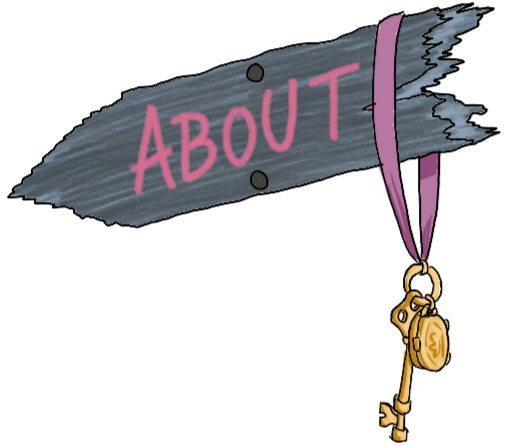 About - on a wooden signboard, pointing left/down/back, with a key and locket lanyard hanging from it.