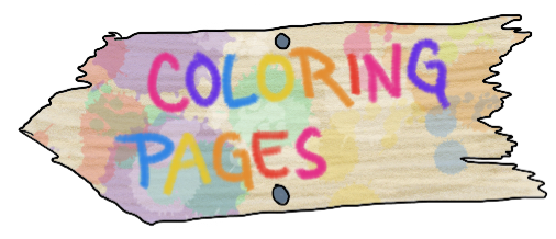 Coloring Pages - printed on a wooden signboard, pointing left, splattered with multicolored paint.