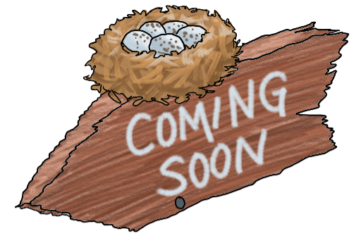 Coming Soon! - on a wooden signboard, pointing left/down/forward, with a birds nest on top.