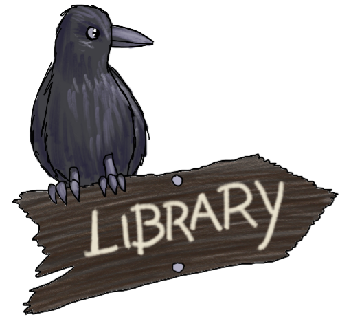"Library" - on a wooden signboard, pointing right/up, with a raven perched on top.