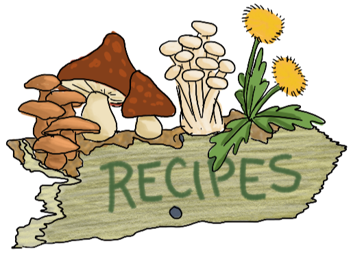 Recipes - printed on a wooden signboard, pointing right and back, with a variety of mushrooms and a clump of dandelion growing on top.