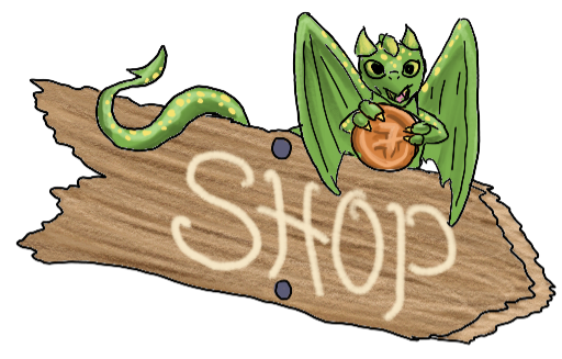 Shop - printed on a wooden signboard, pointing right/down/forward, with a small dragon holding a copper coin perched on top.