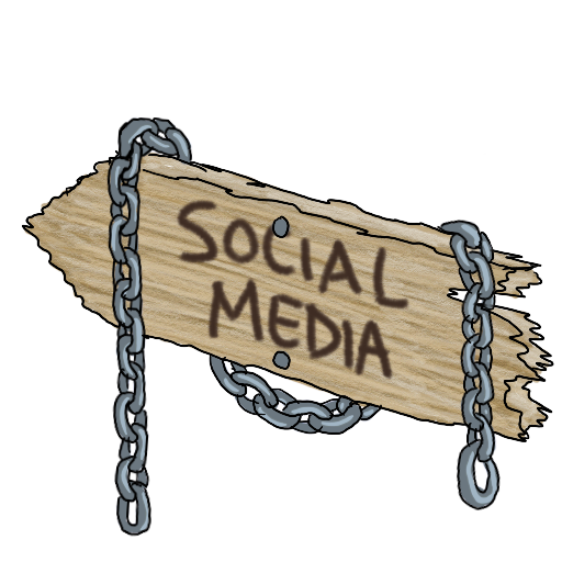 "Social Media" - on a wooden signboard, pointing left and up and back, with a length of chain draped over it.