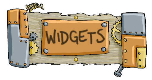 "Widgets," on a wooden sign board with several metal plates, gears, bolts, and springs attached, labelled on a metal plate in the center.