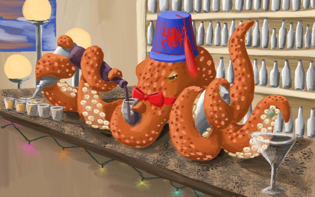 an orange octopus wearing a red bowtie and a Spiderman fez, making several drinks at once at a counter.