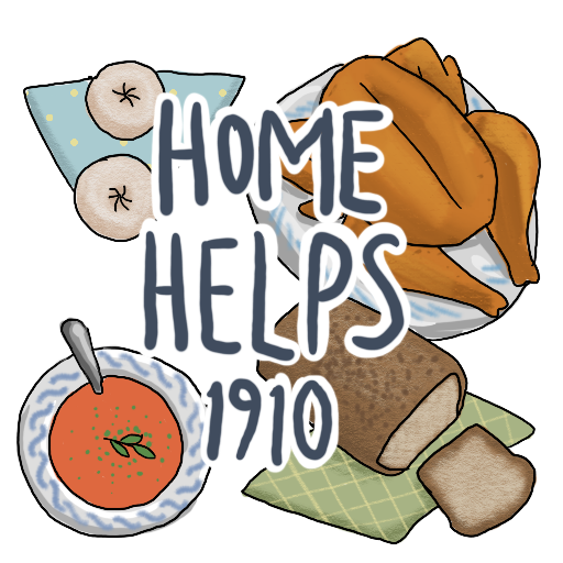 "Home Helps 1910"  printed over a table setting featuring powdered doughnuts, a whole chicken, tomato soup, and a loaf of bread with a slice made in it.
