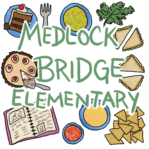 "Medlock Bridge Elementary" printed over a table setting with dips, chips, a cake, and some sandwiches.